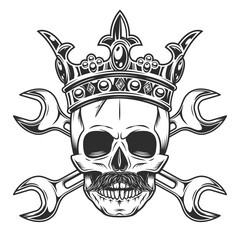 Skull witn mustache in crown and construction builder plumbing wrench or body shop repair car and truck mechanic service tool crossed spanner vintage illustration