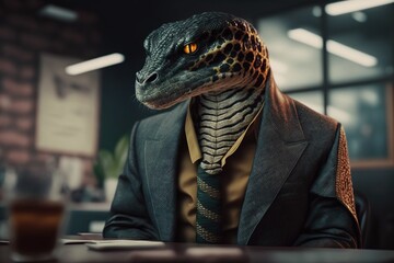 Fototapeta na wymiar Portrait of a snake in business suit in the office. Generative AI.