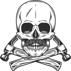 Skull with mustache and crossed builder hammers from new construction and remodeling house business in monochrome vintage style isolated illustration