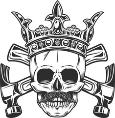 Skull with mustache and royal crown builder crossed hammers from new construction and remodeling house business in monochrome vintage style illustration