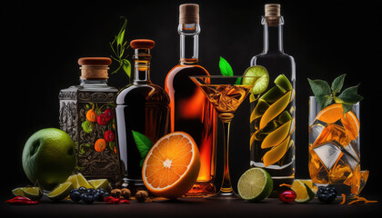 "Beautiful Cocktails and Bottles on Black Background" - a stunning wallpaper background featuring beautiful drinks, cocktails and bottles on a black background