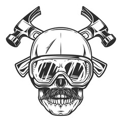 Skull with mustache and safety glasses builder crossed hammers from new construction and remodeling house business in monochrome vintage style illustration