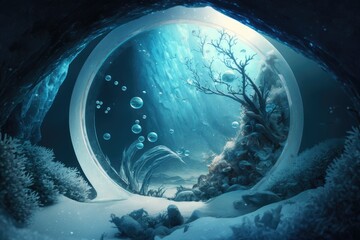 Artwork for a bizarre science fiction story. Neptune's natural environment is a wintry one, complete with snow. Practical and believable. Visualization of scientific concepts using the medium of art