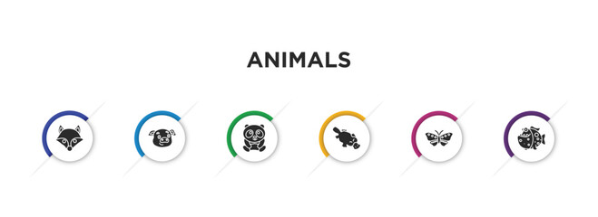 animals filled icons with infographic template. glyph icons such as fox, pig, panda, platypus, butterfly with wings, piranha vector.