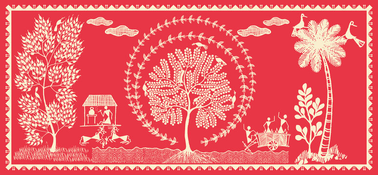 Beautiful warli painting showing indian farmer with nature drawing. Rural area with nature in warli wall painting. Illustration, Vector, Drawing.