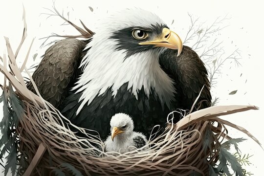 Up close and personal with a mother bald eagle as she cradles her little eaglet in the nest. Generative AI