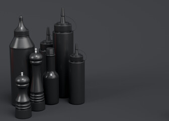 Set of disposable utensils like plate, folk, spoon and knife on monochrome black