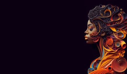 Abstract young woman in quilling art technique. Banner with copy space. Generative AI.