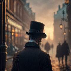 retro man in a suit and hat on the background of the evening city