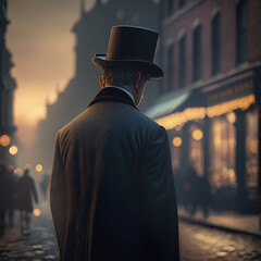 retro man in a suit and hat on the background of the evening city