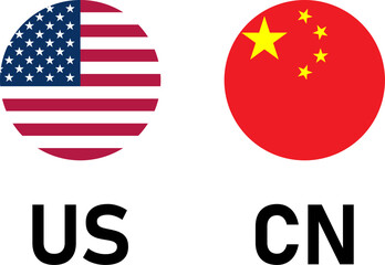 Round Circle Flag Selection Button Badge Icon Pair including USA United States of America and People's Republic of China Flags and Country Codes US and CN. Vector Image.