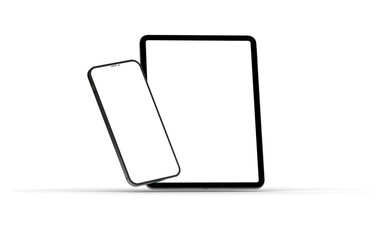 Modern tablet computer stand with blank screen isolated on white background