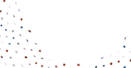 White banner with colorful stars.