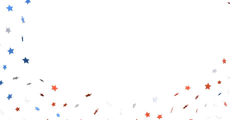 A blue glitter confetti border with red and blue stars on white