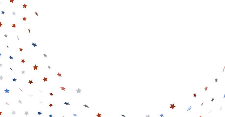 A blue glitter confetti border with red and blue stars on white