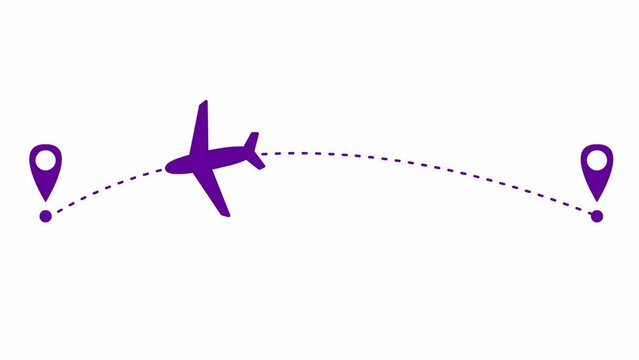 Animated violet the plane flies along a trajectory. Concept of airplane travel. Airplane flies from one place to another. Looped video. Vector illustration isolated on a white background.