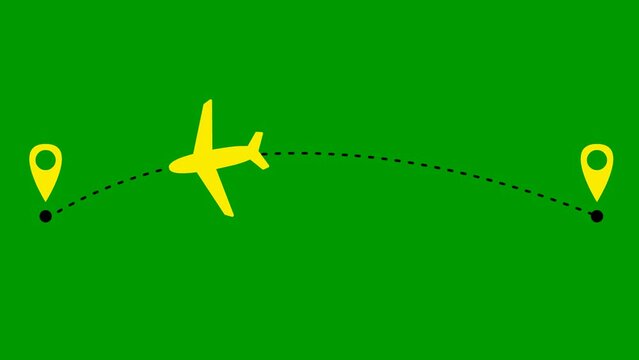 Animated yellow black the plane flies along a trajectory. Concept of airplane travel. Airplane flies from one place to another. Looped video. Vector illustration isolated on a green background.