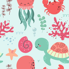 Seamless pattern with marine life. Sea and ocean, flora and fauna. Vector.