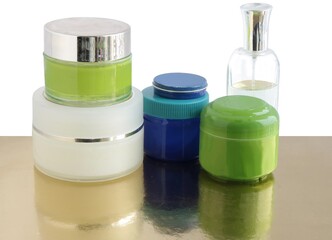 various healthy cosmetics and fluids for body care close up