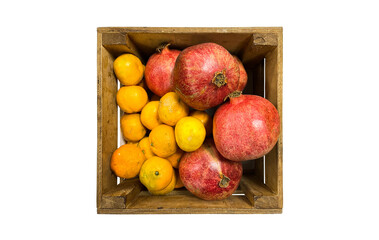 wooden box or grocery basket with grapefruit and tangerines. Grocery set. Top view