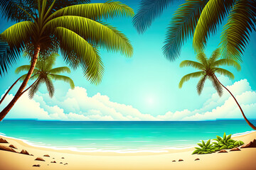 Fototapeta na wymiar Insel mit Palmen und Blick zum Meer, Illustration Hintergrund 