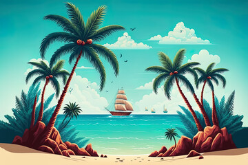 Insel mit Palmen und Blick zu einem Segelschiff, Illustration