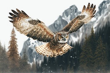 A Eurasian eagle owl soars above the trees in the low Tatra Mountains. Generative AI