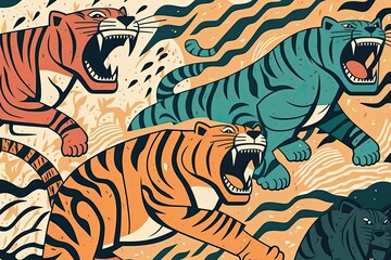 Animals Wildlife Illustration Background Wallpaper,Safari Wildlife,Animal Tigers Art Pastel Color Seamless Pattern. Generative AI