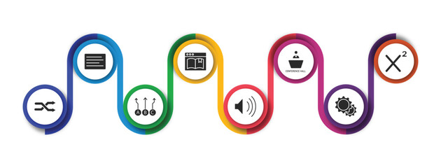 user interface filled icons with infographic template. glyph icons such as left side alignment, ribbon from a book, conference hall, superscript, crossed arrows, abc item chart, sound on, tings