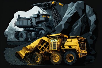 An enormous mining truck and excavator in action. Creation of Valuable Minerals. Transporting coal from open pit mines using mining trucks. Generative AI