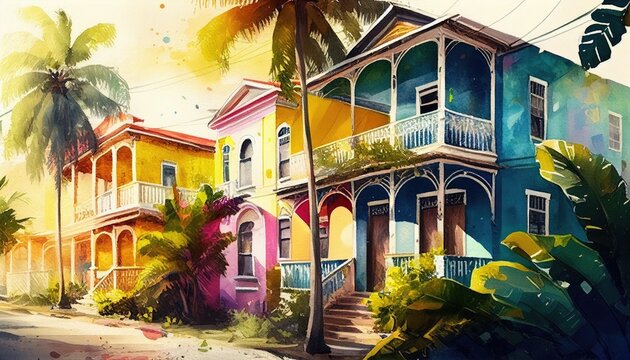 Eastern Caribbean colorful houses at sunny day. Cinematic lighting, super detailed photorealistic. Travel concept. Generative AI
