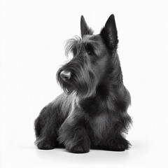 Black cute nice dog breed scotch terrier dog isolated on white close-up, beautiful pet, fluffy dog - obrazy, fototapety, plakaty