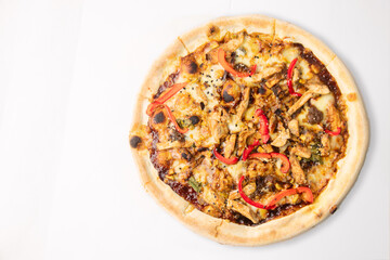 chicken BBQ pizza with chicken and barbeque sauce. isolated on white background.