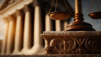 Scales of Justice on background of Court Hall. Law concept of Judiciary, Jurisprudence and Justice. Copy space. Based on Generative AI