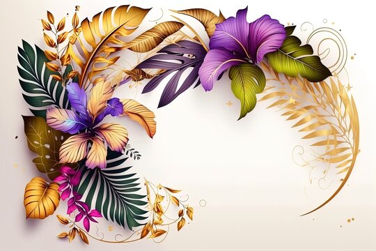 Colorful hibiscus flowers and tropical leaves frame on white background with empty space for text. Digital style exotic florals