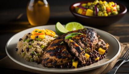 Jerk chicken with rice and plantains on a white plate. Generative AI