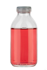 An almost full bottle of red syrup, a medical drug. Isolated on white background