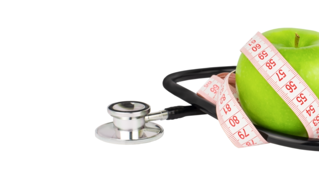 Green apple with measuring tape and stethoscope isolated on transparent background with copy space. Healthy eating and dieting concept