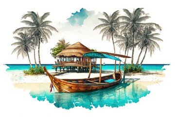 Fototapeta premium Creative beach architecture in the Maldives. Image of a traditional Maldivian dhoni boat in a picture perfect lagoon. The hotel's view was like something out of a tropical paradise. White sand beach w