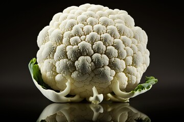 A fresh cauliflower, studio lit against a black background. Ai generated.
