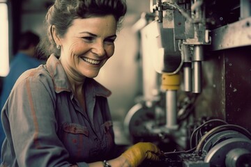 Fototapeta na wymiar A smiling woman manual worker in an indoor workshop, operating manufacturing equipment and taking part in the industry. Ai generated