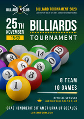 Pool billiards tournament poster with 3d realistic billiards balls. Competition game advertising. Sport event announcement. Place your text and emblems. Vector illustration - obrazy, fototapety, plakaty