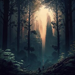 forest in the fog Generative AI