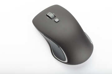 Black wireless computer mouse on a white background.