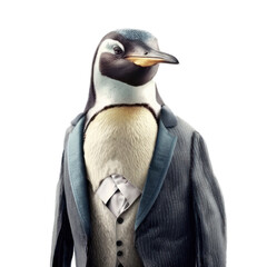 Naklejka premium Portrait of a penguin dressed in a formal business suit on white background, transparent png, generative ai