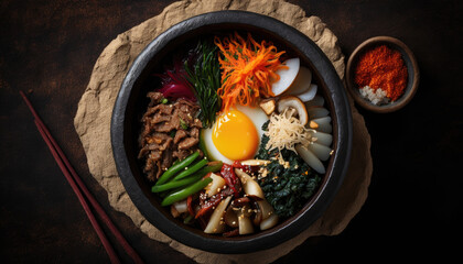 Colorful and healthy Korean dish of bibimbap with various toppings. Generative AI