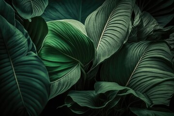 Spathiphyllum cannifolium leaves, abstract tropical leaf texture, natural leaf background. Generative AI