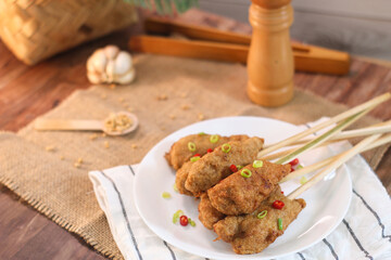Sempol ayam made of ground chicken or fish, spices, egg and flour. Healthy Eating: a High-Angle View of a Dish.