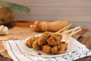 Sempol ayam made of ground chicken or fish, spices, egg and flour. Healthy Eating: a High-Angle View of a Dish.