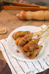 Sempol ayam made of ground chicken or fish, spices, egg and flour. Healthy Eating: a High-Angle View of a Dish.